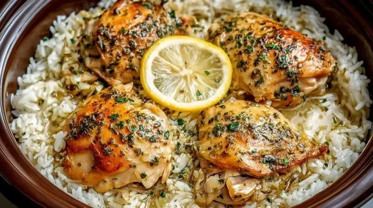 Slow Cooker Lemon Herb Chicken served with rice in a bowl