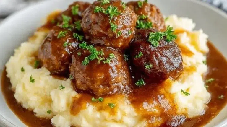 Slow Cooker Salisbury Steak Meatballs dish served with mashed potatoes and gravy