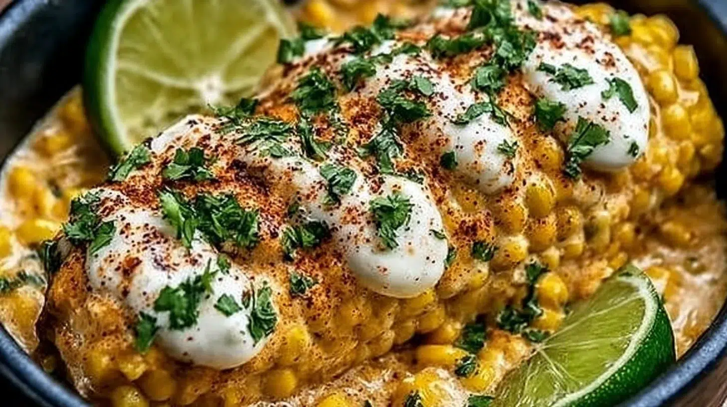 Delicious slow cooker street corn chicken served in a bowl with fresh toppings