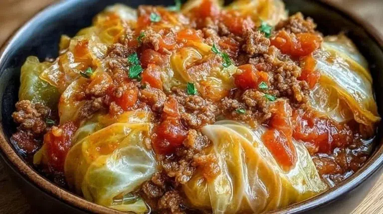 Slow Cooker Unstuffed Cabbage Rolls in a bowl topped with fresh herbs
