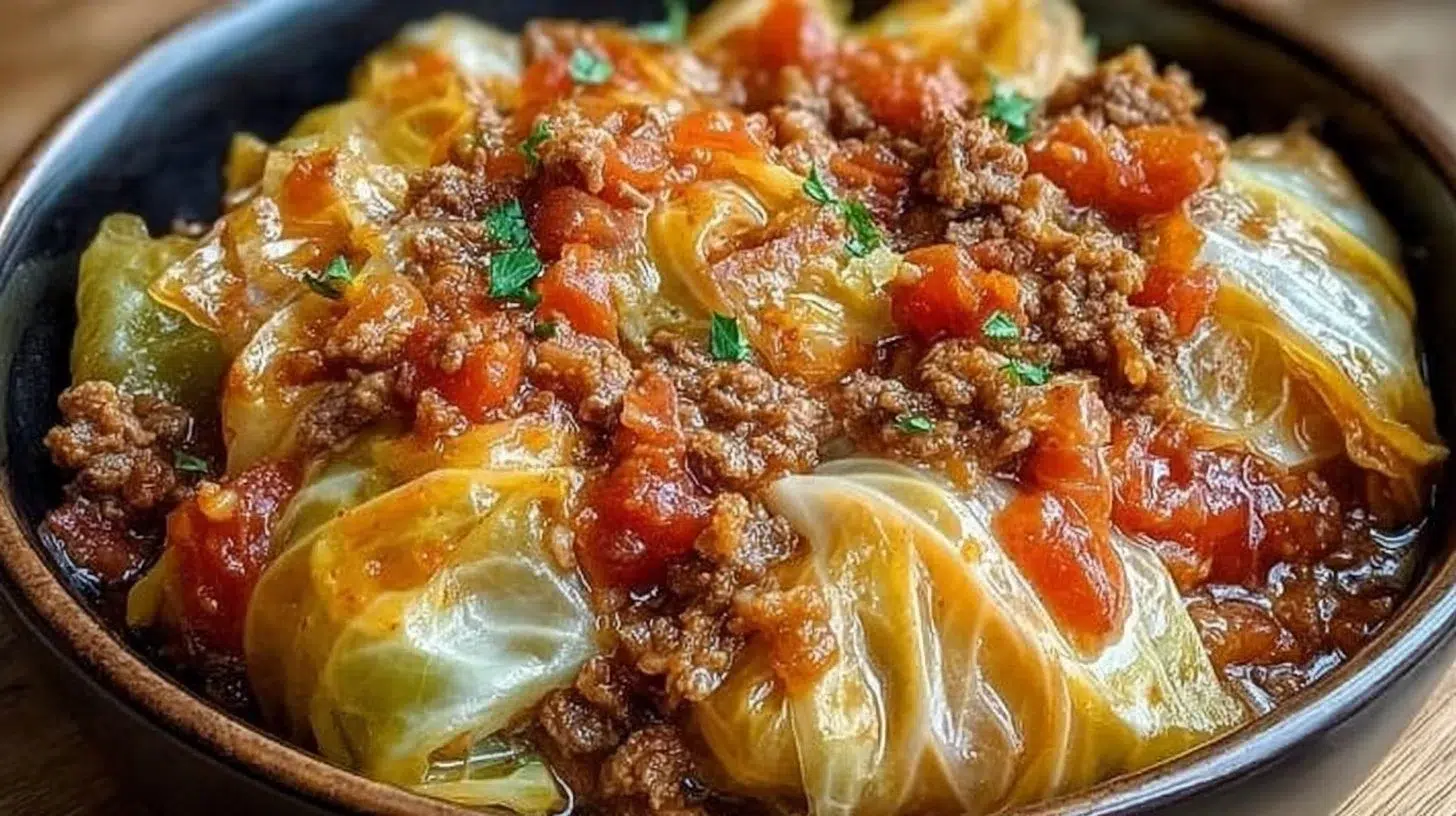 Slow Cooker Unstuffed Cabbage Rolls in a bowl topped with fresh herbs