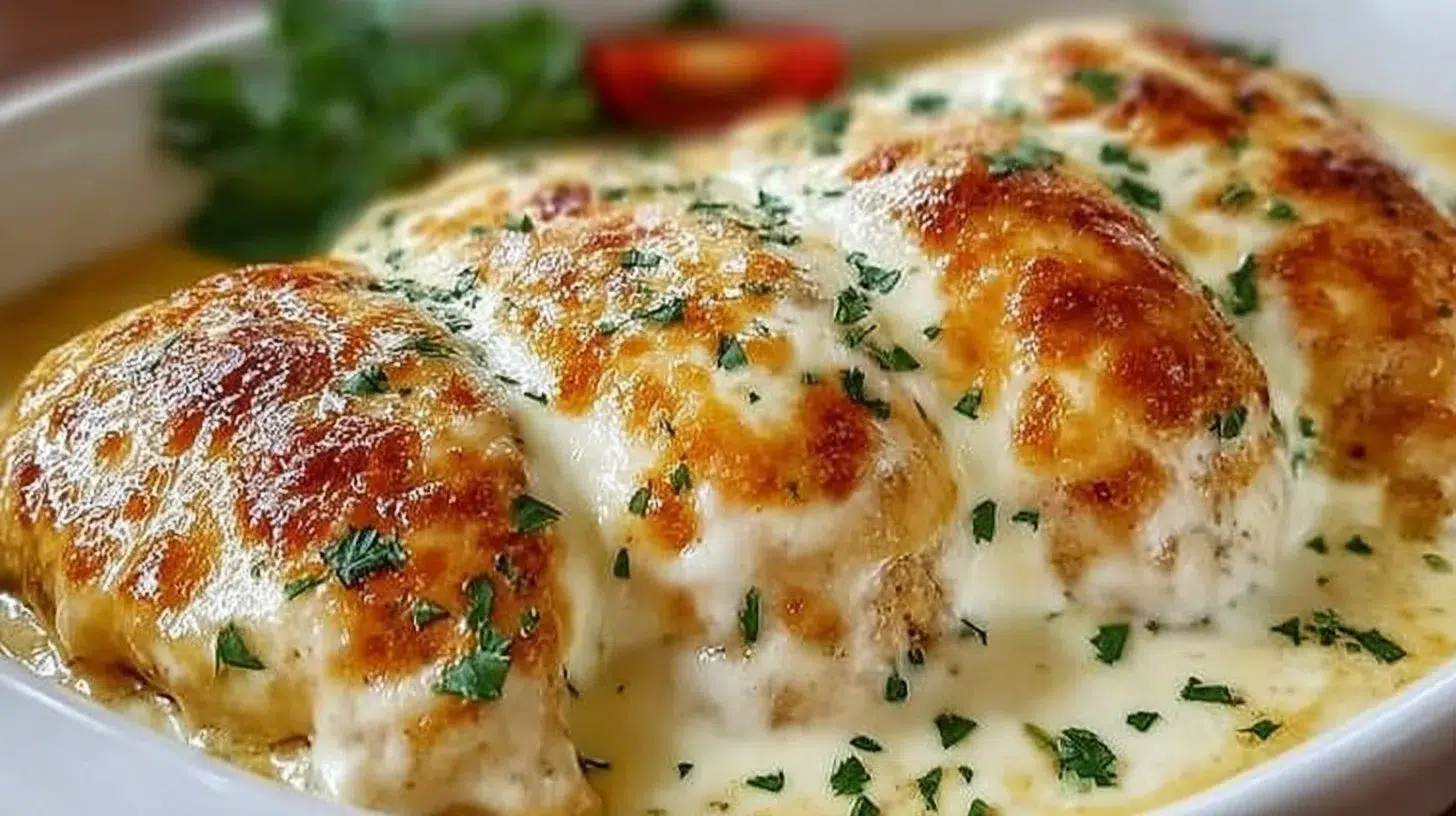 Smothered cheesy sour cream chicken dish served with herbs