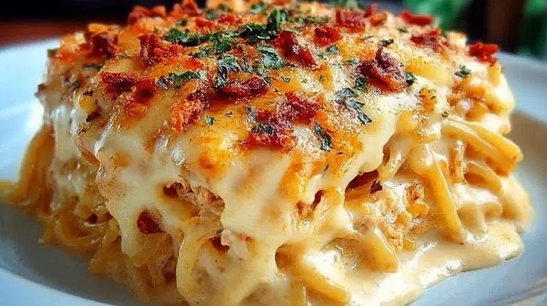 Delicious Spicy Southern Cheesy Chicken Spaghetti Casserole topped with cheese