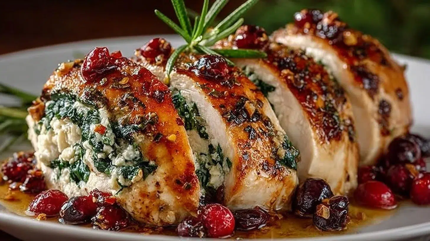 Delicious spinach and cranberry stuffed chicken breasts on a plate