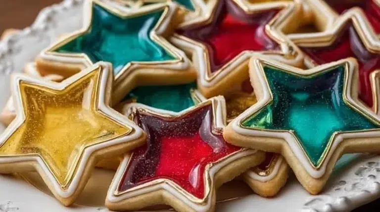 Colorful stained glass cookies shaped like festive ornaments