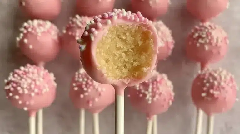Starbucks copycat birthday cake pops ready to enjoy in colorful sprinkles.