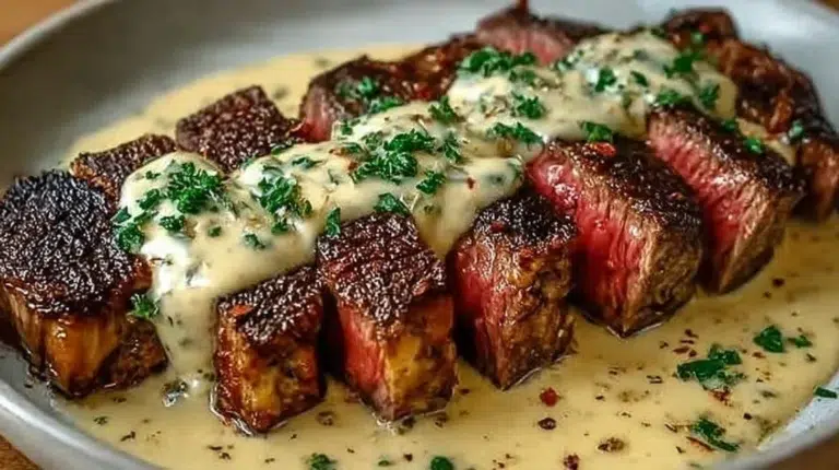 Steak topped with creamy garlic sauce on a plate