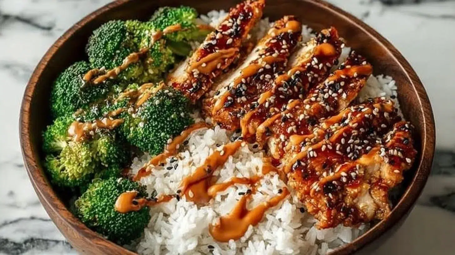 Delicious sticky chicken rice bowls topped with fresh ingredients.