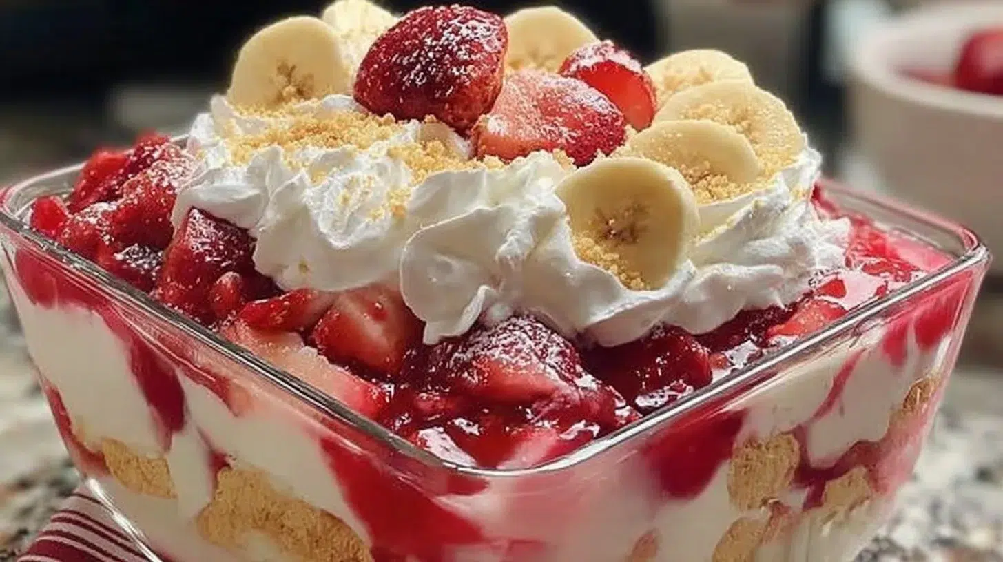 Delicious strawberry banana pudding dessert topped with fresh strawberries and bananas.