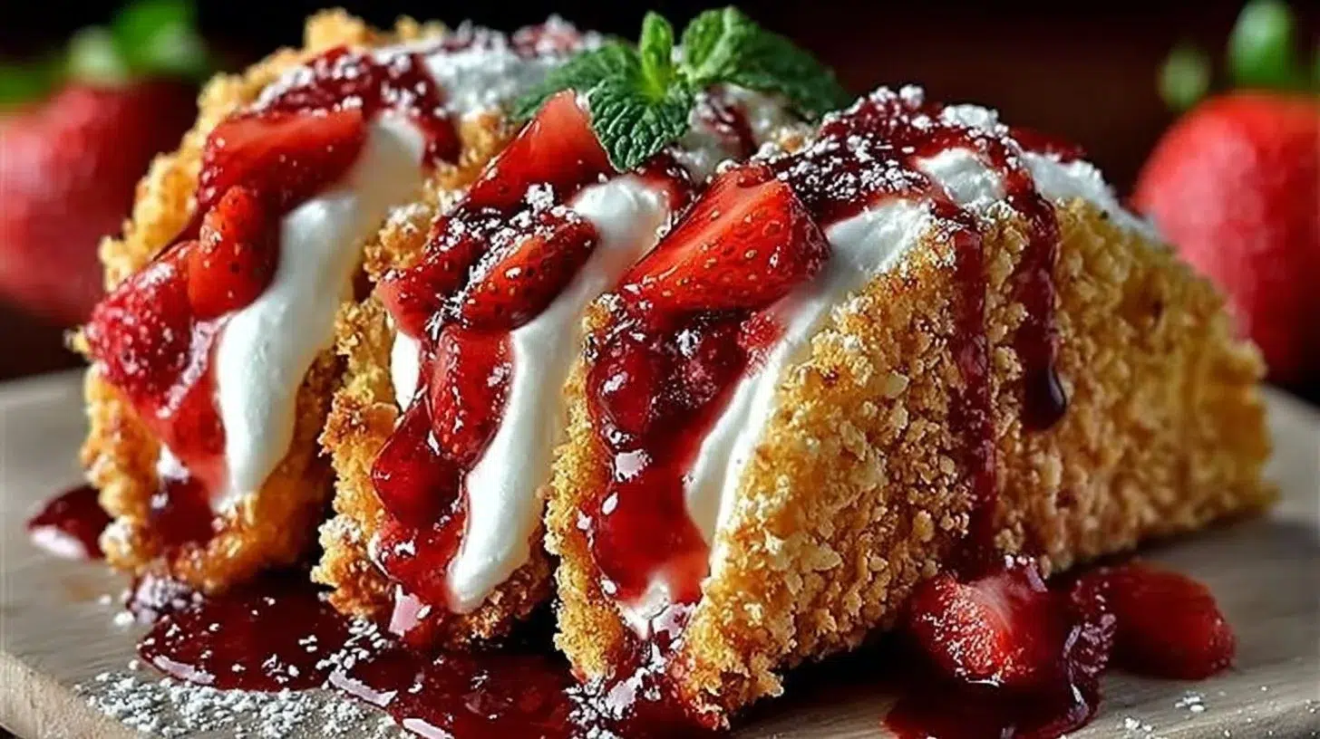 Strawberry Crunch Cheesecake Tacos with fresh strawberries and crispy topping