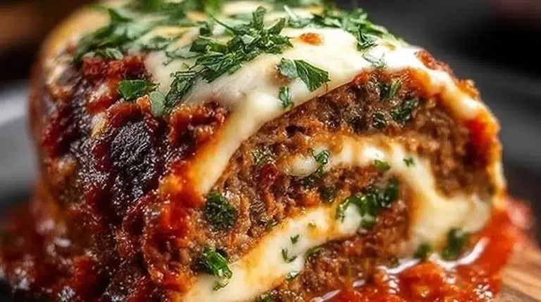 Delicious stuffed Italian meatloaf served with marinara sauce and herbs.