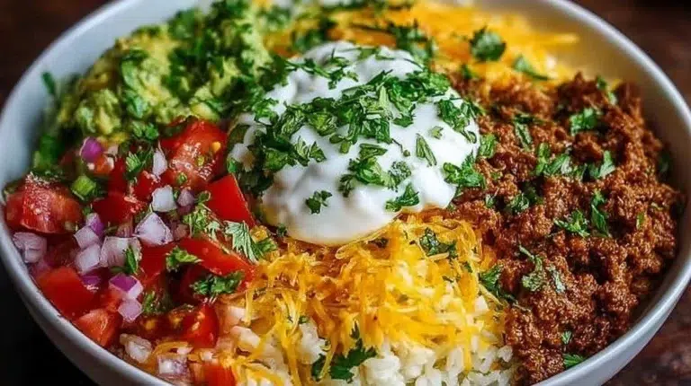 Taco Rice Bowl with seasoned beef, rice, and fresh vegetables in a bowl