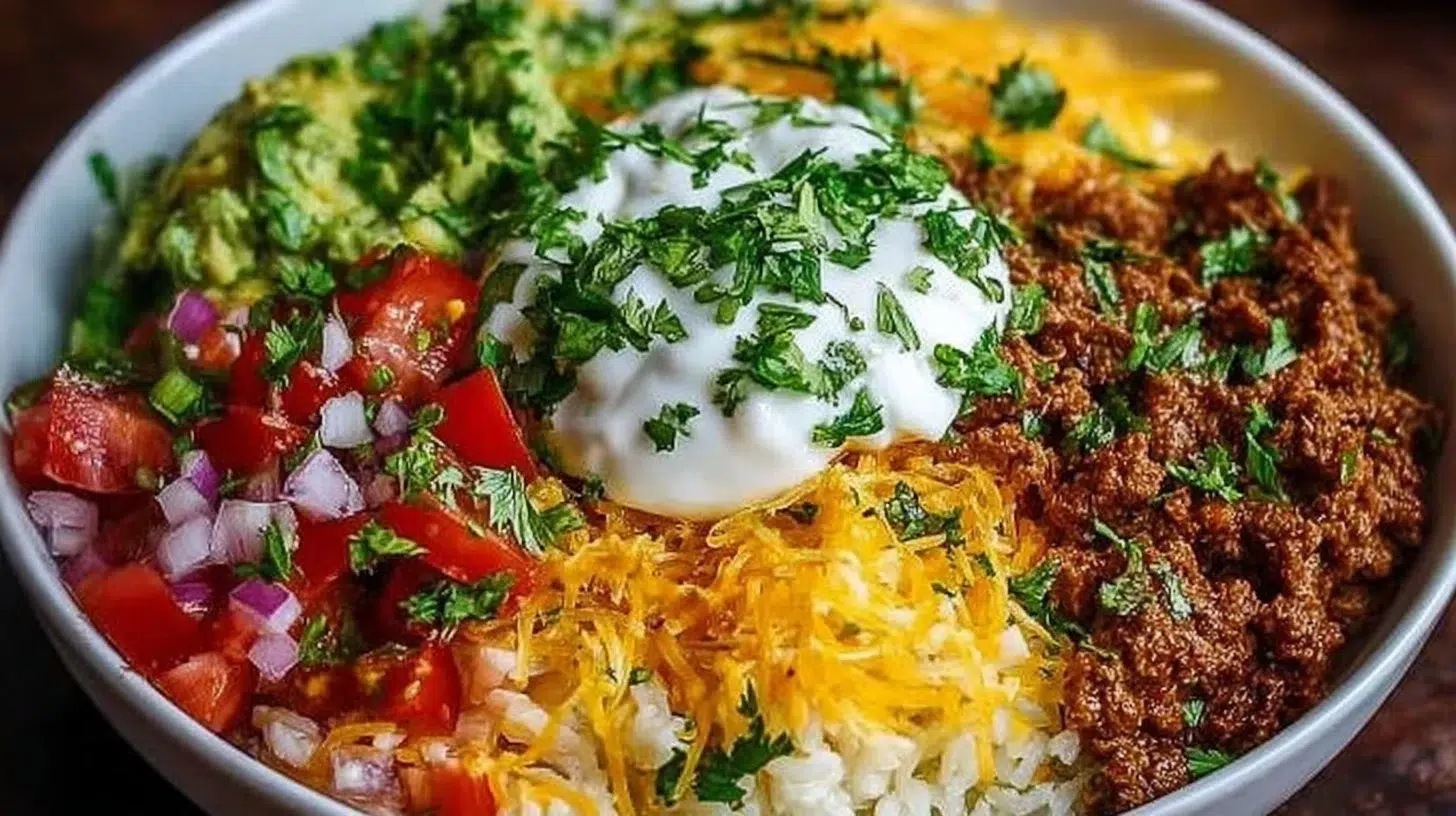 Taco Rice Bowl with seasoned beef, rice, and fresh vegetables in a bowl