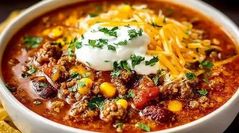 Bowl of delicious homemade Taco Soup garnished with cilantro and lime
