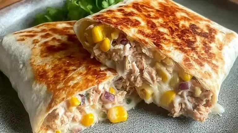 Tuna melt wrap featuring grilled cheese and tuna filling, served on a plate.
