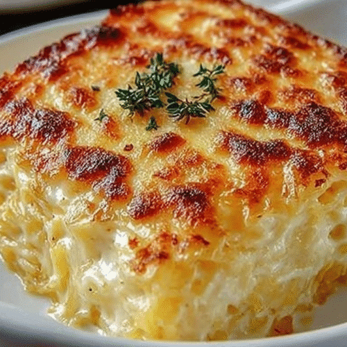 Deliciously Healthy Spaghetti Squash Au Gratin with a golden, bubbly cheese crust in a white baking dish.