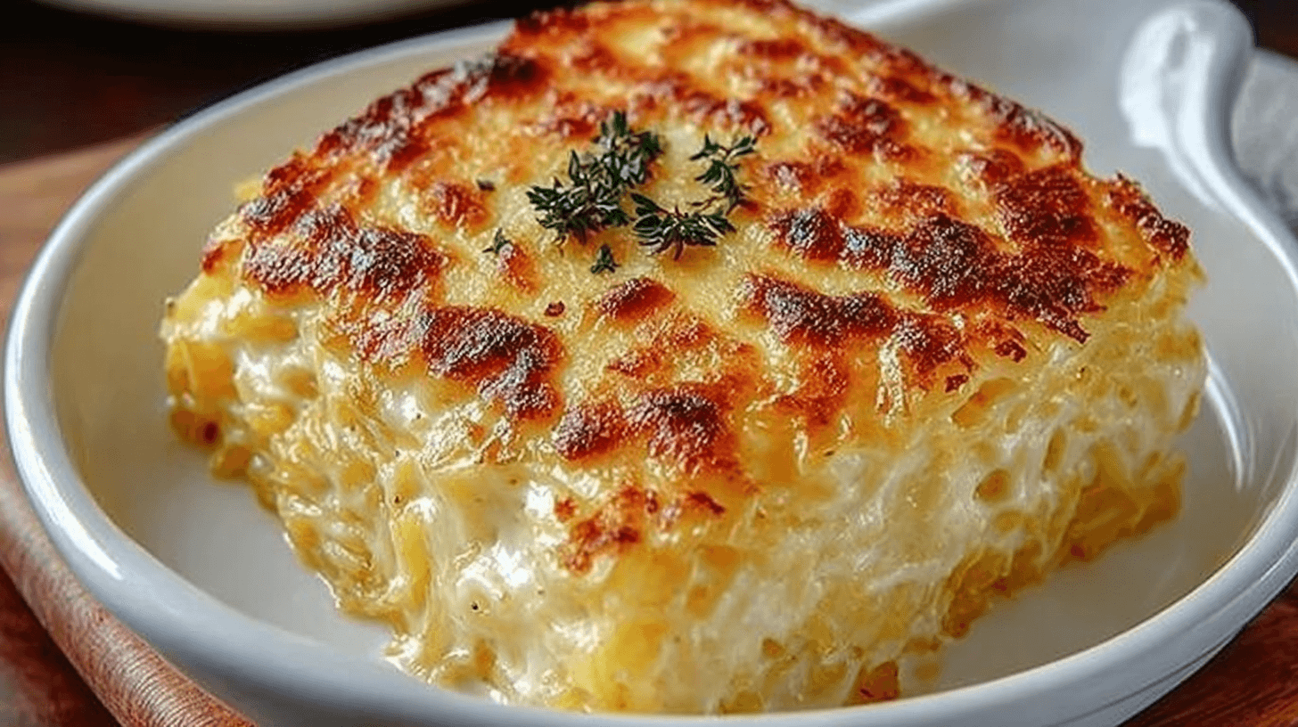 Deliciously Healthy Spaghetti Squash Au Gratin with a golden, bubbly cheese crust in a white baking dish.