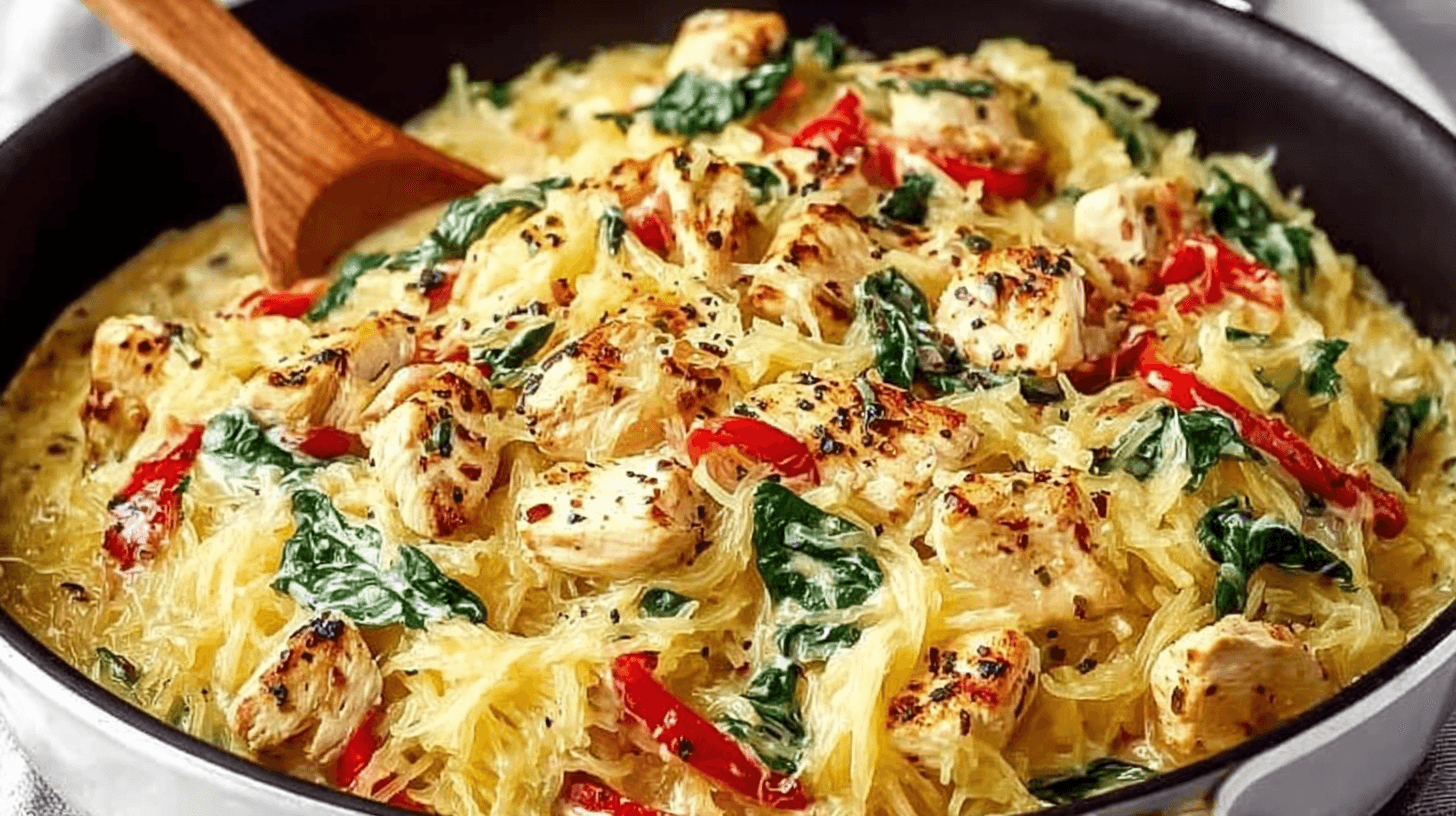 A delicious bowl of spaghetti squash topped with fresh vegetables and herbs