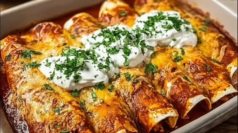 Delicious plate of ultimate quick and easy chicken enchiladas topped with cheese and sauce.