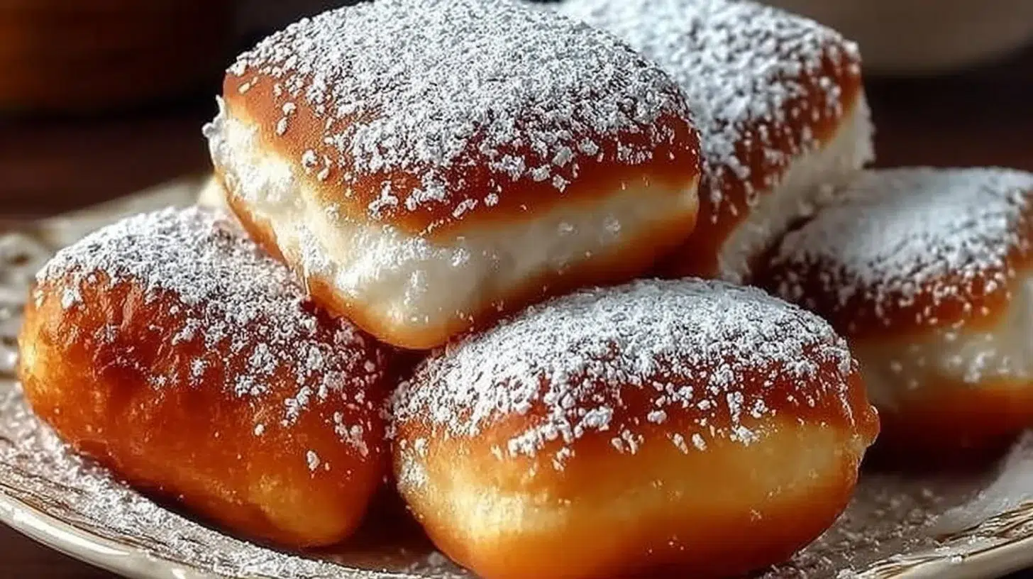 Plate of warm Vanilla French Beignets dusted with powdered sugar