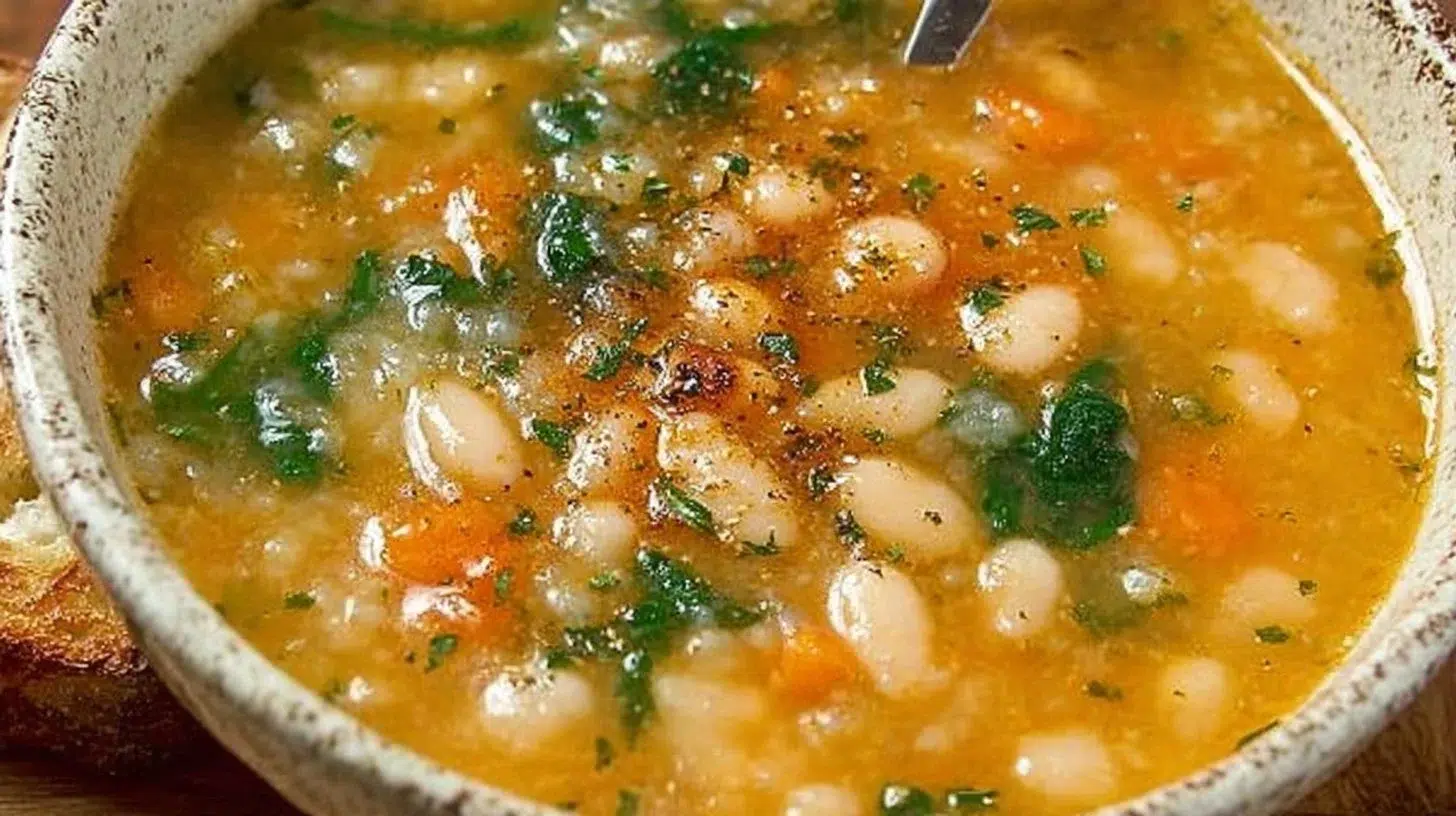 Bowl of homemade white bean soup with fresh herbs and ingredients