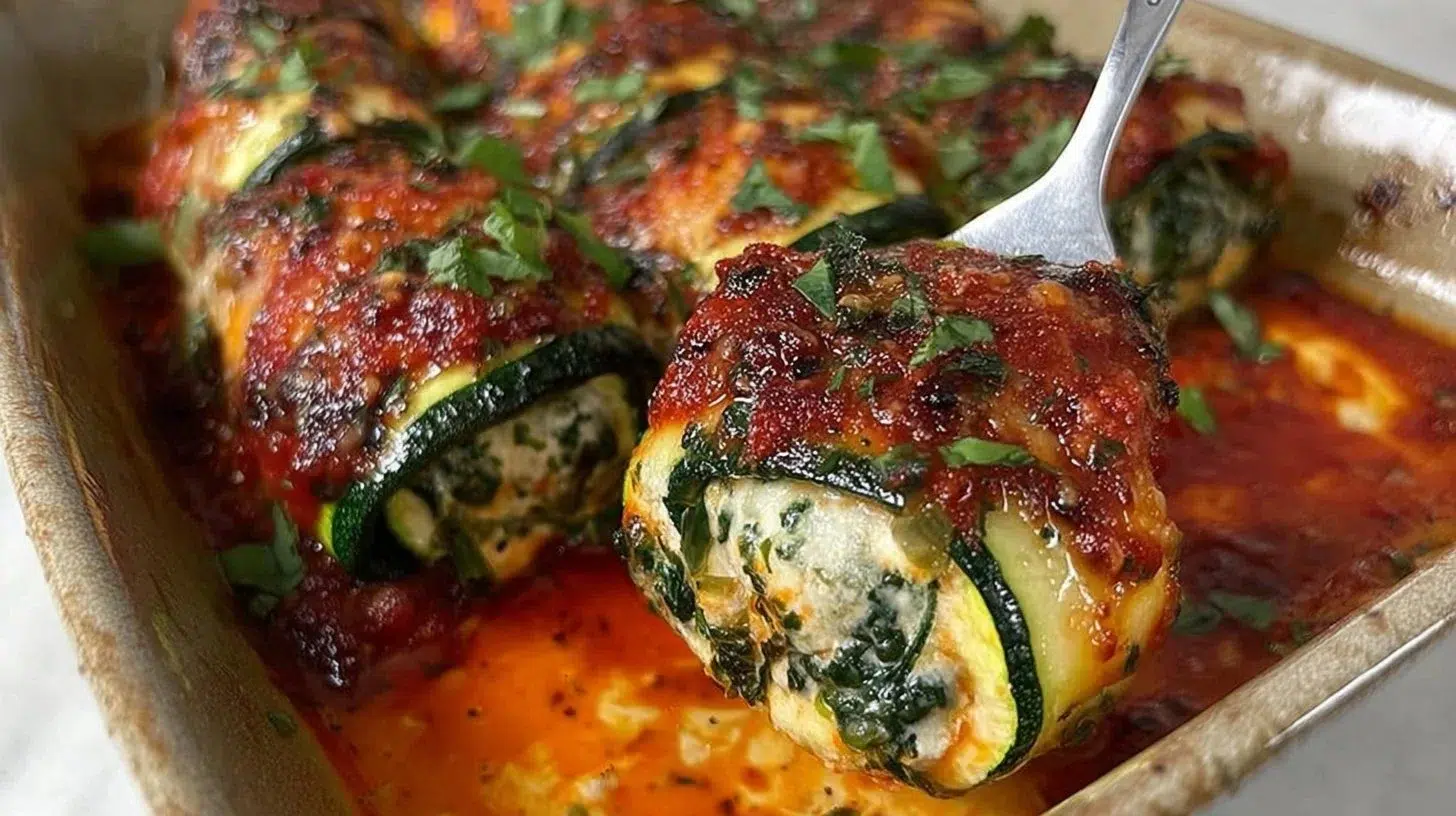 Plate of zucchini rollatini filled with cheese and herbs, a healthy Italian dish