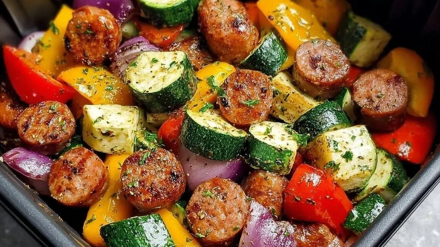 Air fryer chicken sausage and veggies ready in 10 minutes