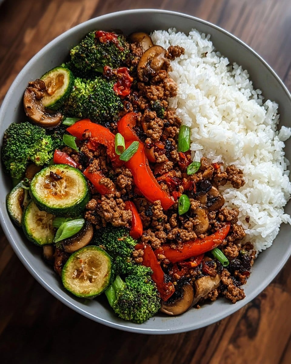 Spicy Ground Beef Stir-Fry Bowl with Garlic Veggies & Steamy Rice