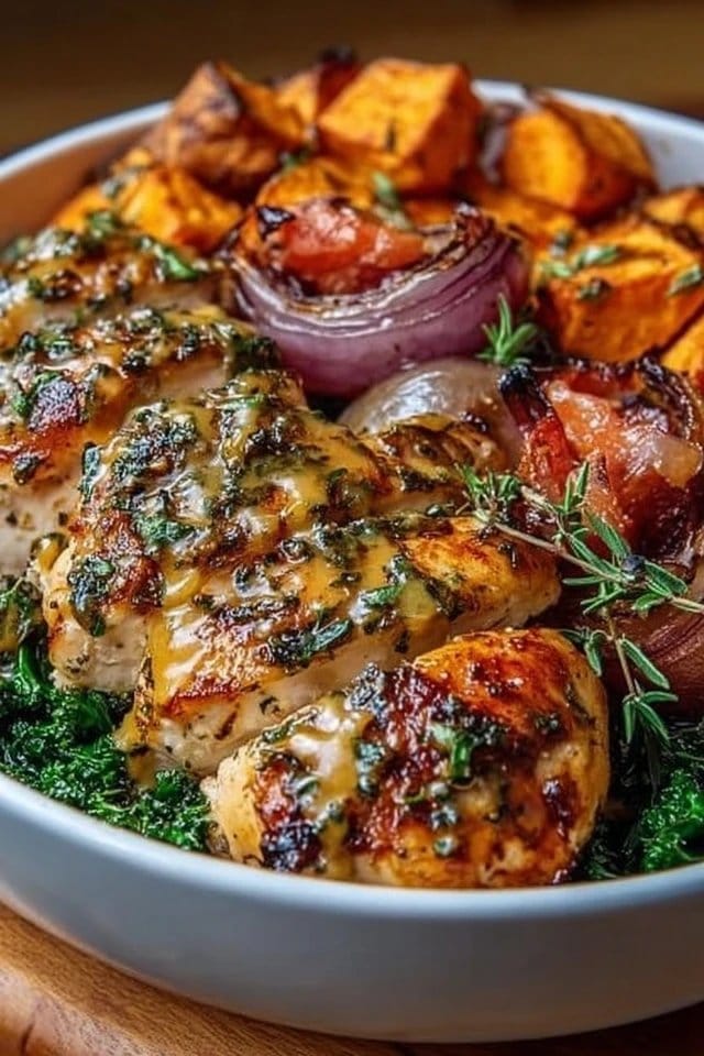 Maple Dijon Chicken & Roasted Sweet Potato Bowl