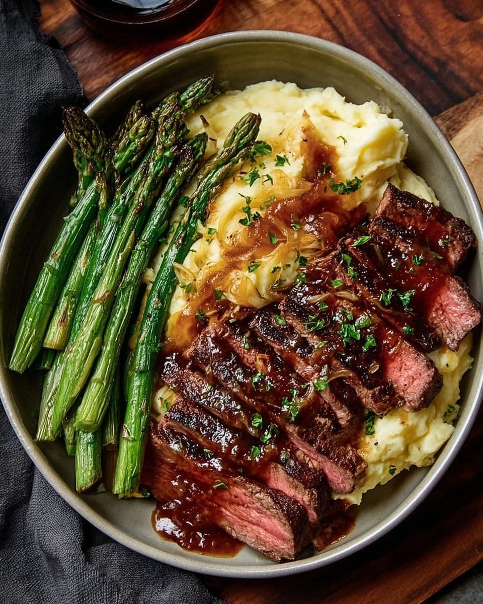 Bavette Steak & Roasted Garlic Pan Sauce with Mashed Potatoes & Asparagus