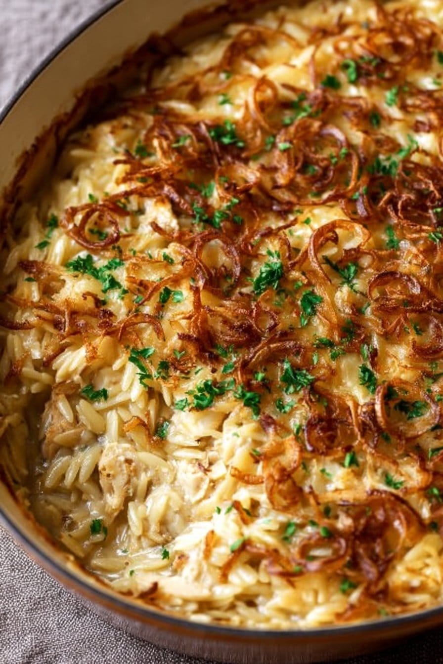 French Onion Chicken Orzo Casserole Recipe