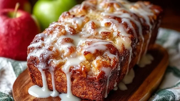 Amish apple fritter bread slice with apple chunks and a glaze