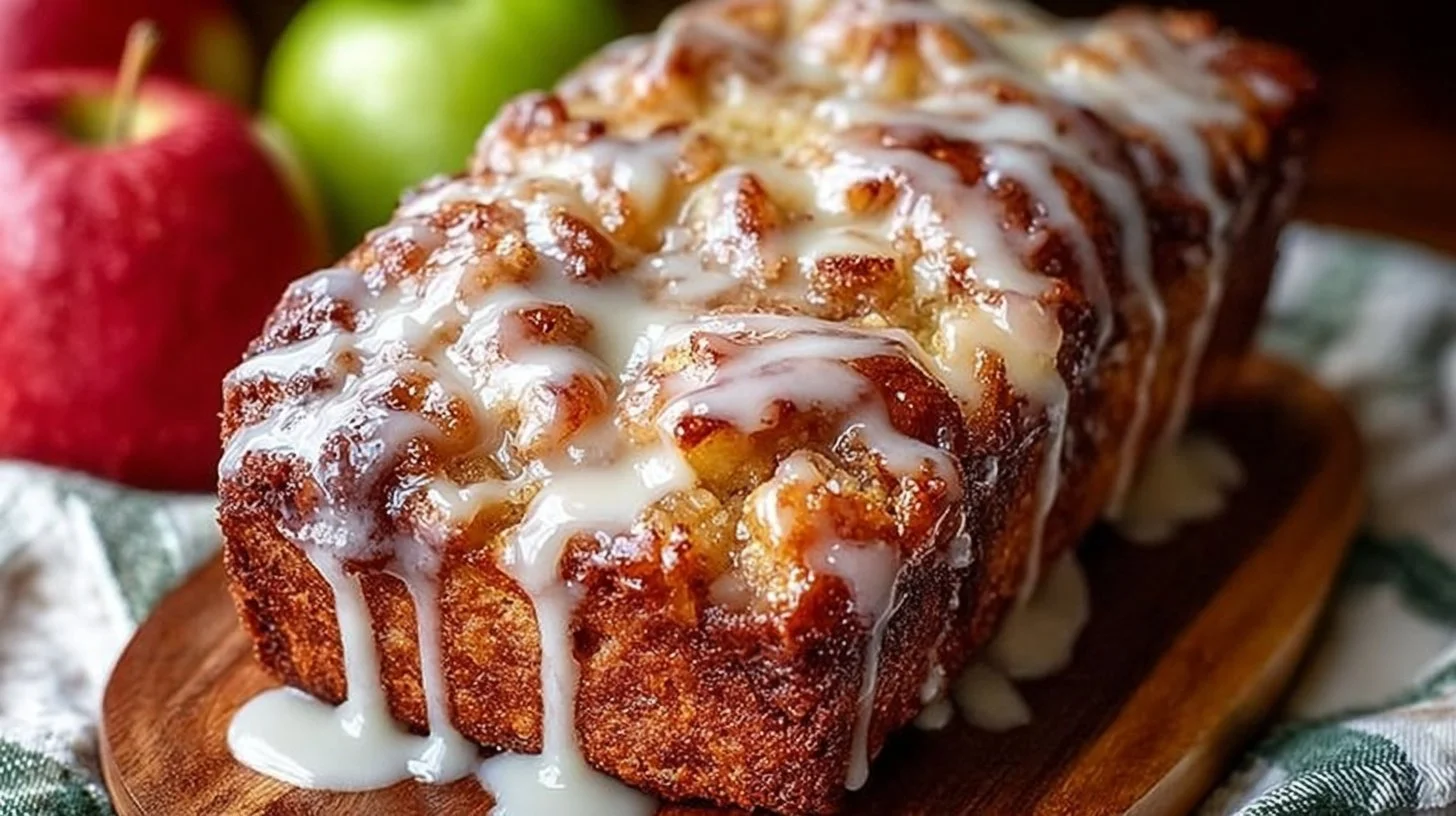 Amish apple fritter bread slice with apple chunks and a glaze