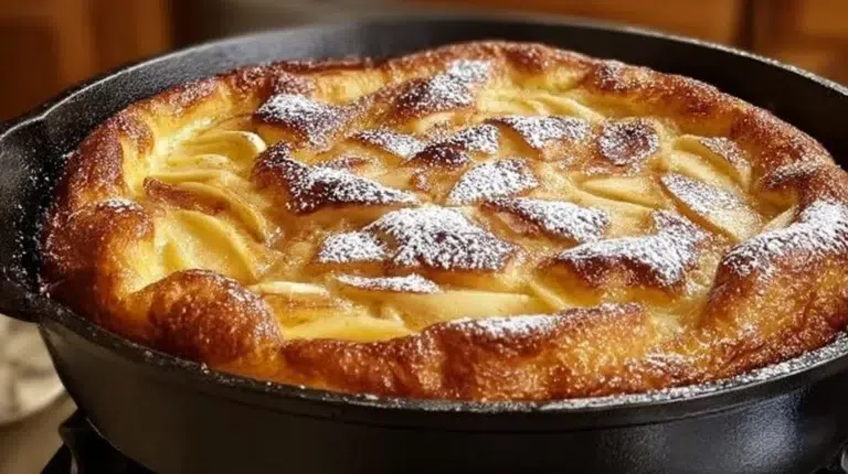 Fluffy Apple Cinnamon German Pancake topped with fresh apples and cinnamon