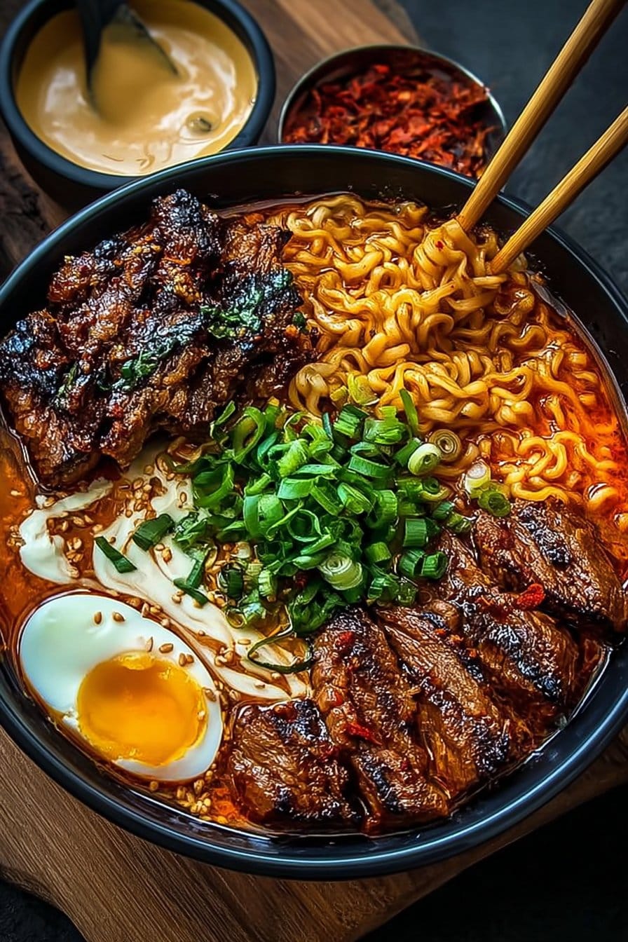 Spicy Korean Ramen with Grilled Beef & Creamy Sauce