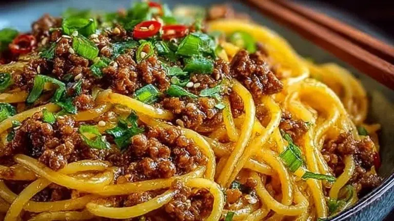 Asian-Style Ground Beef Spaghetti dish garnished with fresh green onions.