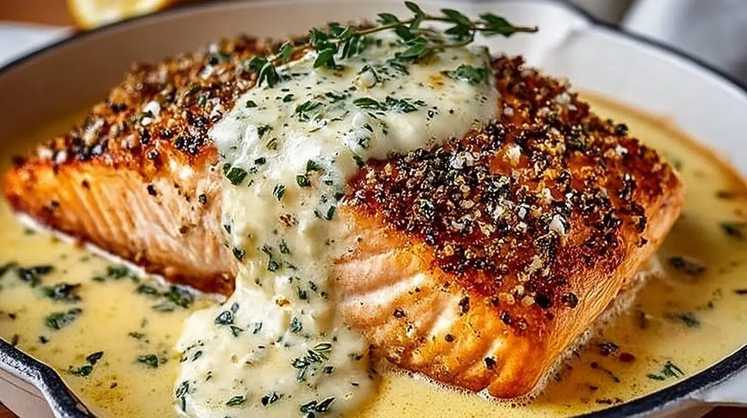Baked Boursin Salmon garnished with herbs on a plate