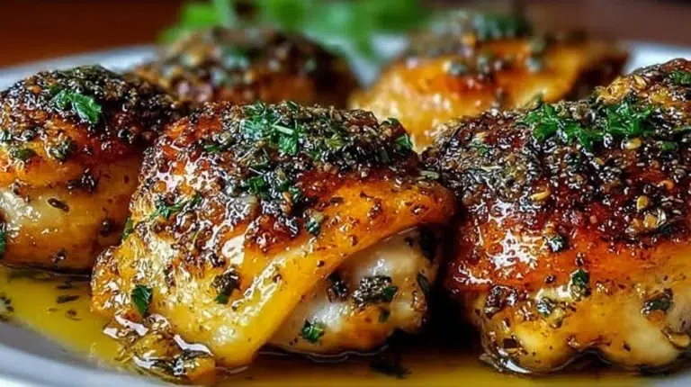 Deliciously baked chicken thighs served with herbs and spices