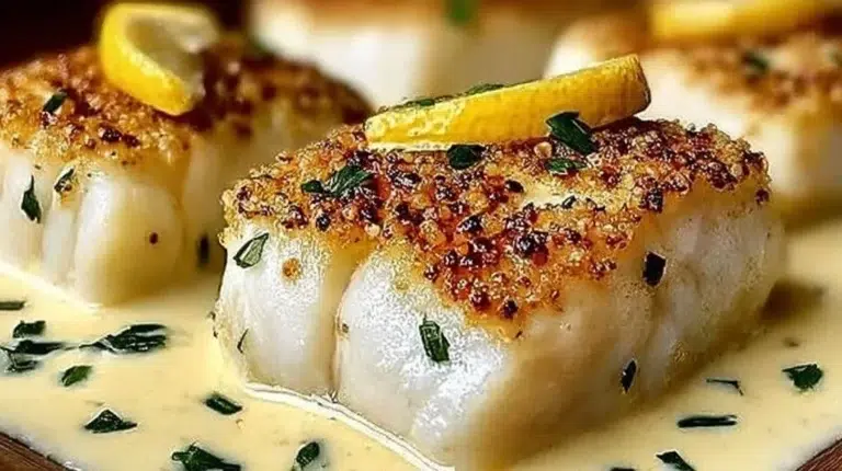 Baked cod topped with coconut lemon cream sauce served on a plate.