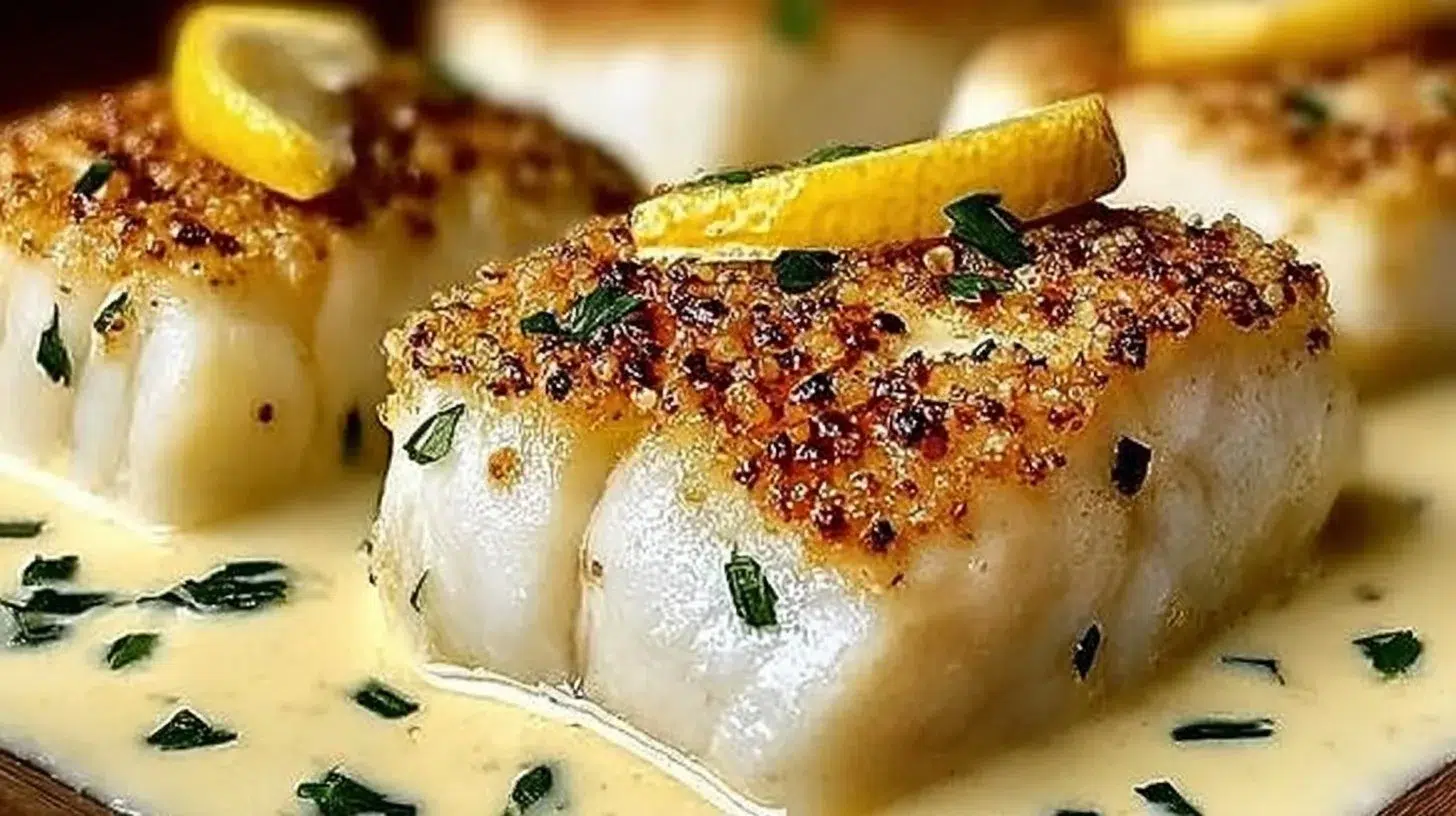 Baked cod topped with coconut lemon cream sauce served on a plate.