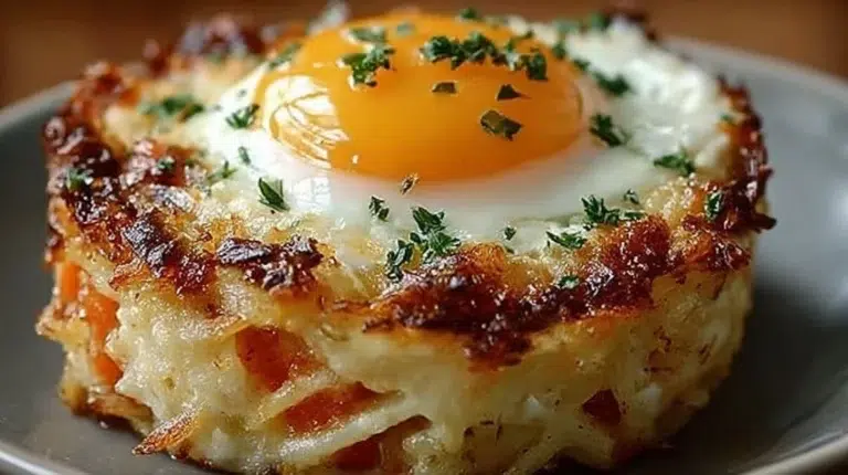 Delicious Baked Eggs Napoleon served in a stylish dish with fresh ingredients