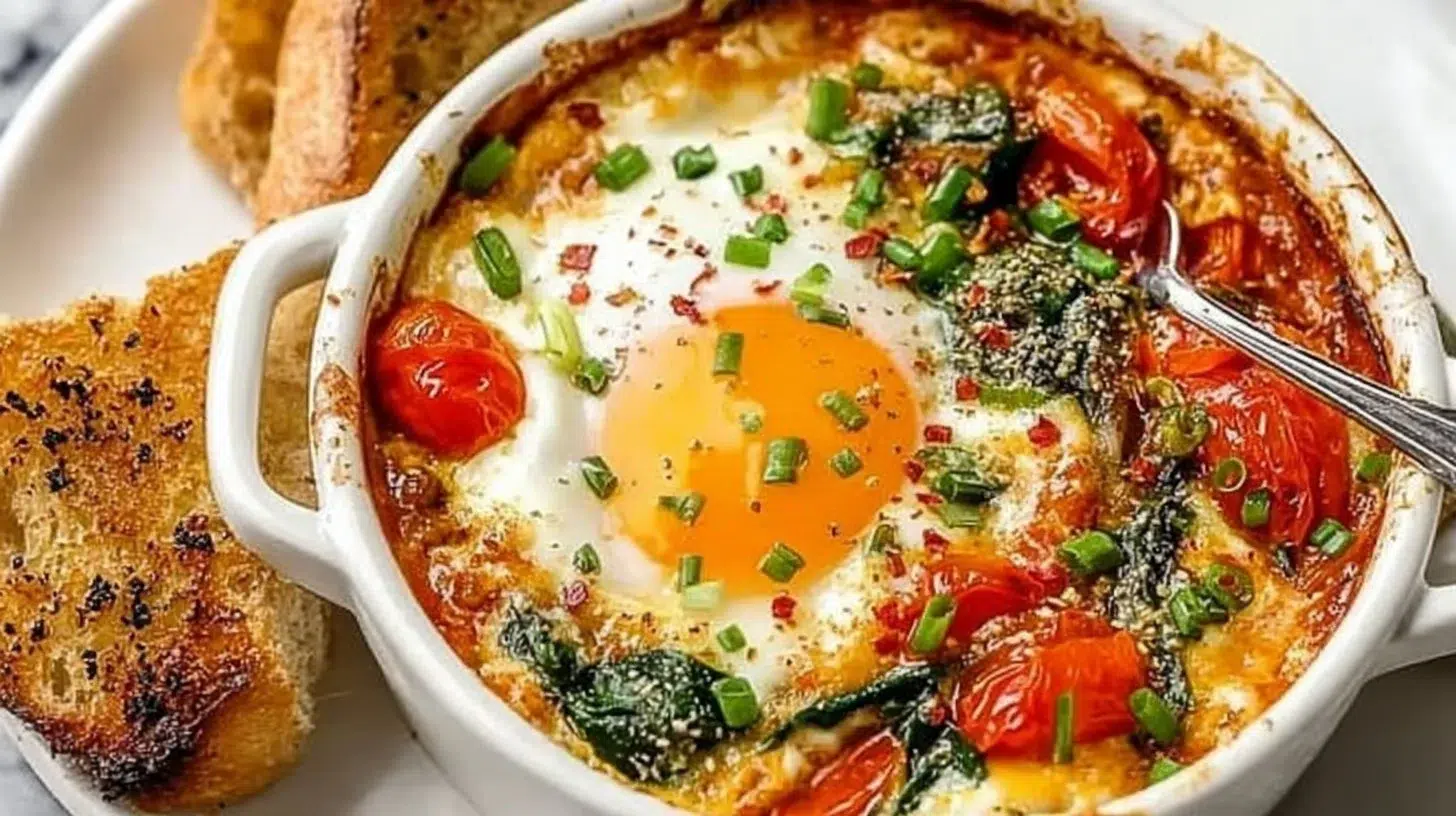 Baked feta eggs with tomatoes and spinach on a plate