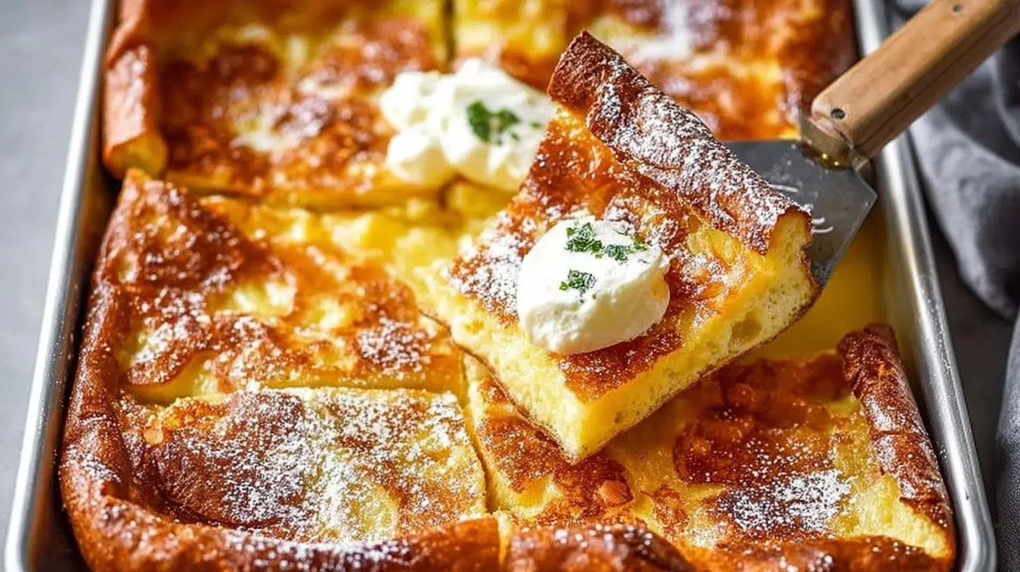 Fluffy baked German pancake served with fresh fruits and powdered sugar
