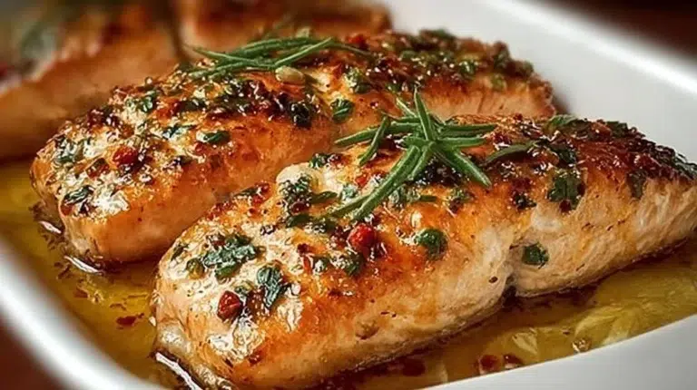 Deliciously baked salmon on a plate garnished with herbs