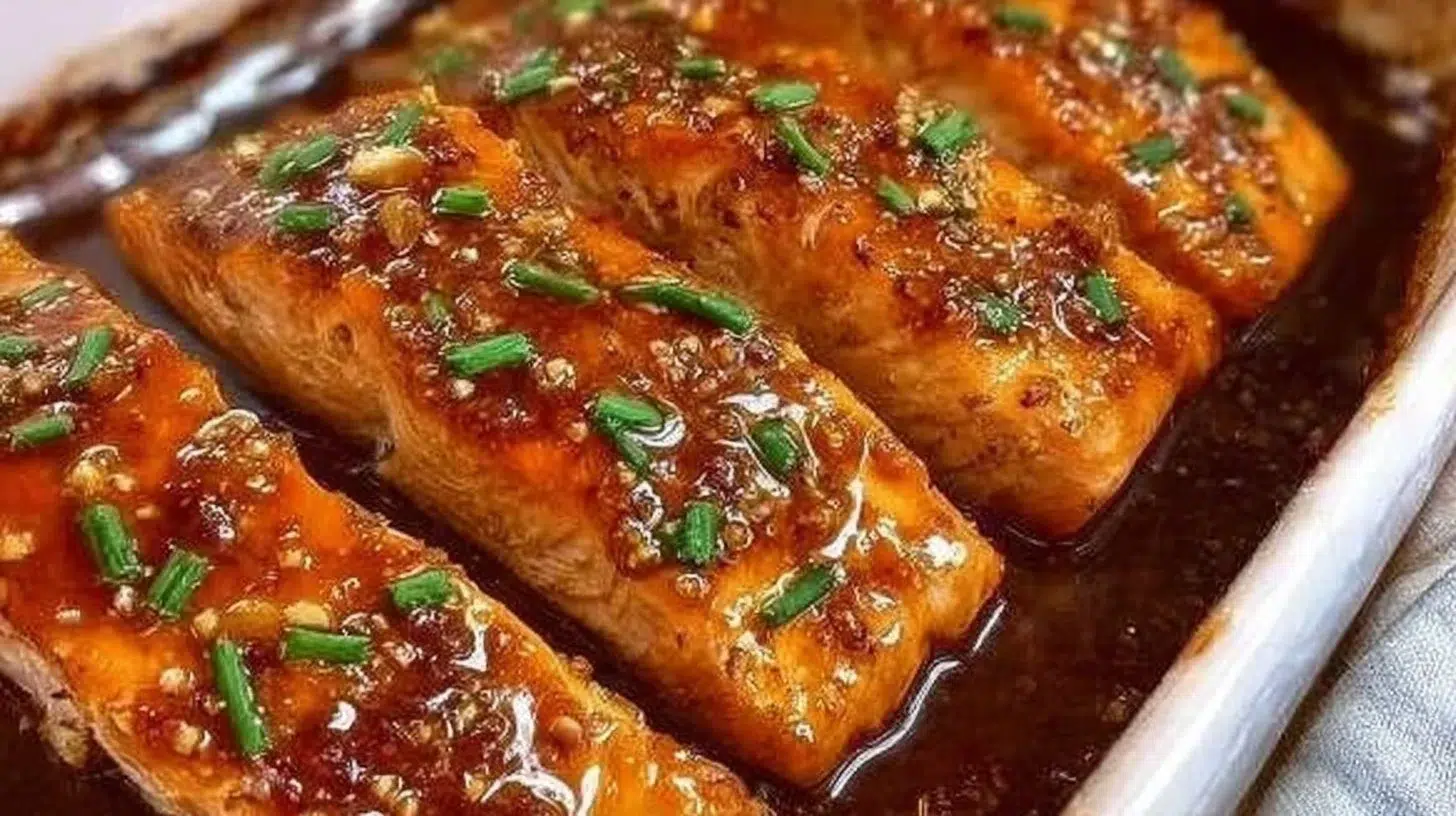 Delicious baked salmon dish served with vegetables and lemon.