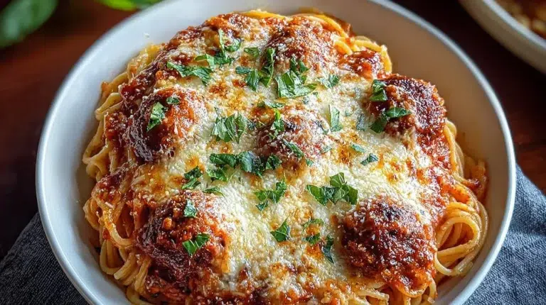 Delicious baked spaghetti and meatballs served in a casserole dish