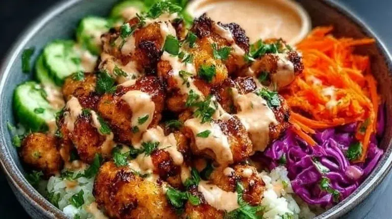 Delicious Bang Bang Chicken Bowl garnished with fresh vegetables and sauce