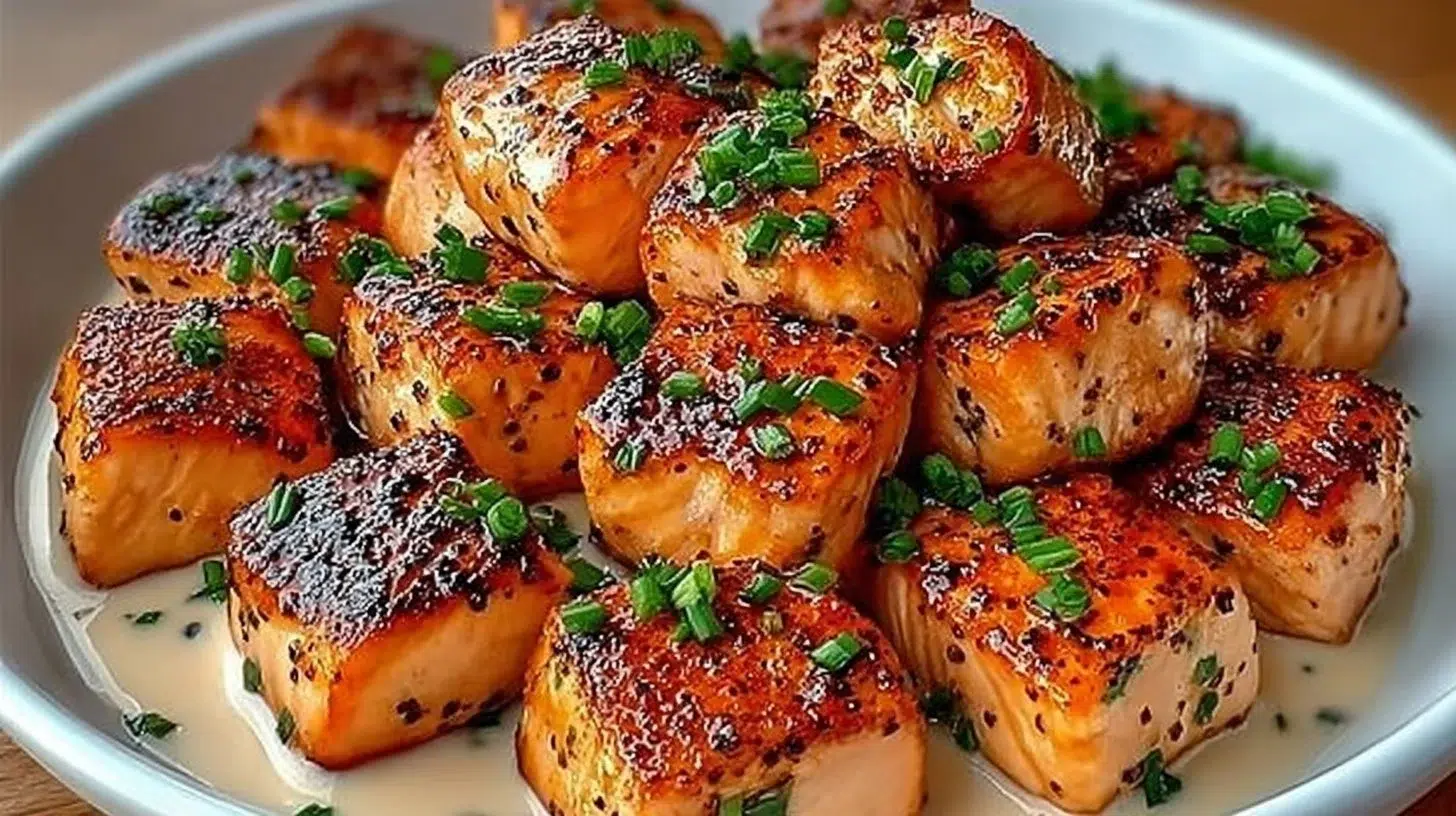 Delicious Bang Bang Salmon Bites served with a spicy sauce