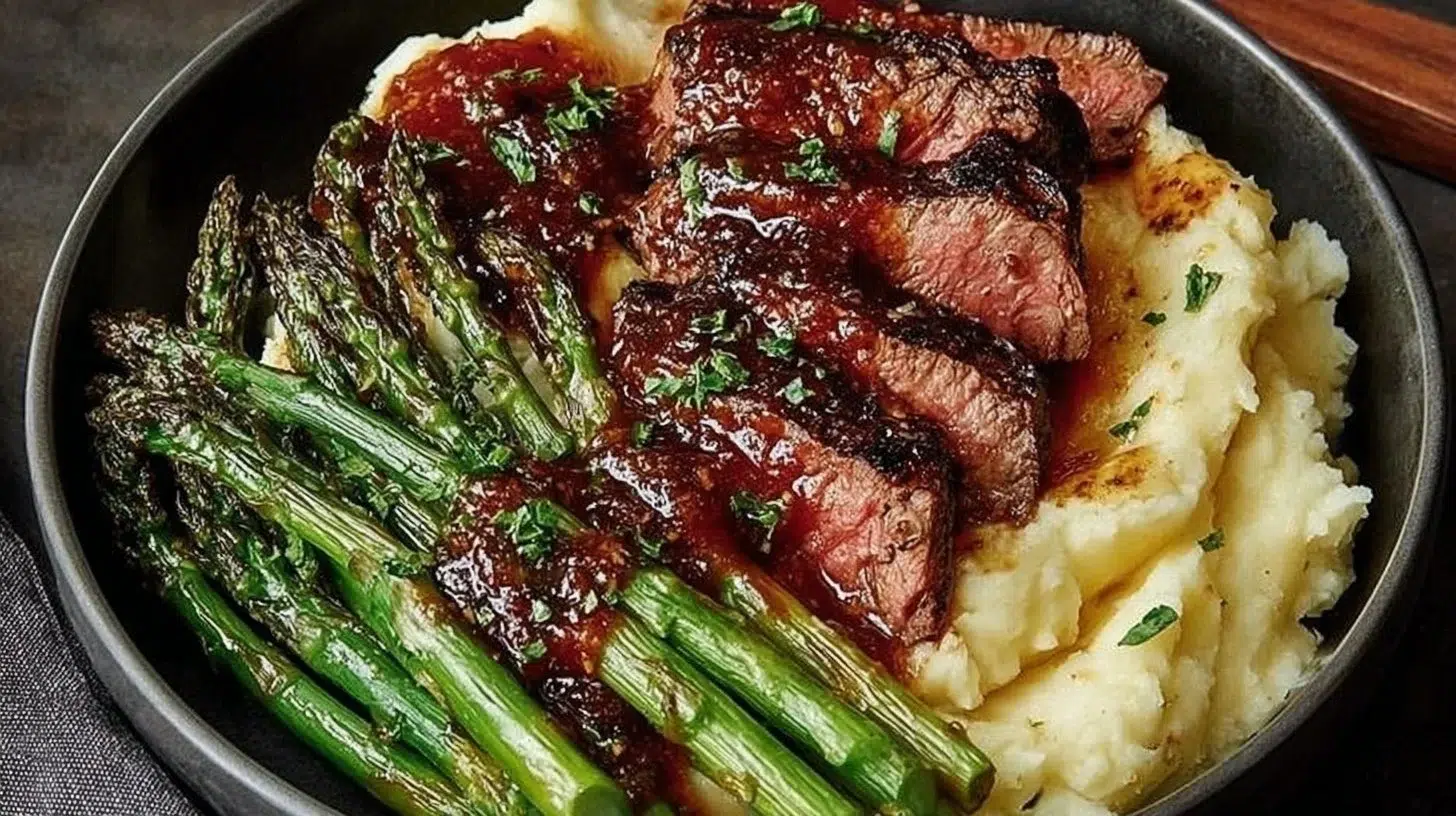 Bavette steak with roasted garlic pan sauce, mashed potatoes, and asparagus on a plate.