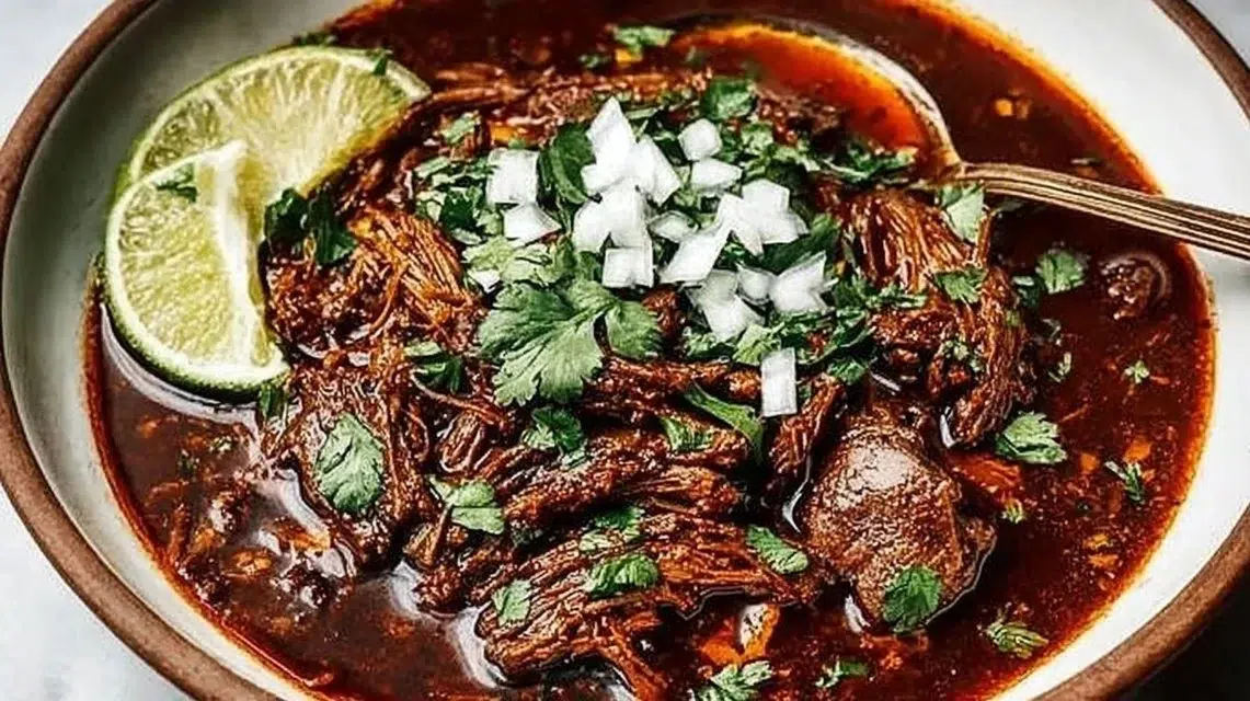 Delicious beef birria served with rich broth and spices